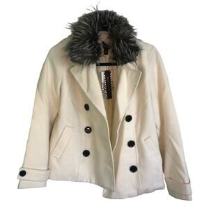 NWT Dana Buchman Ivory White Pea Coat w/ Removable Fur Collar Size XS